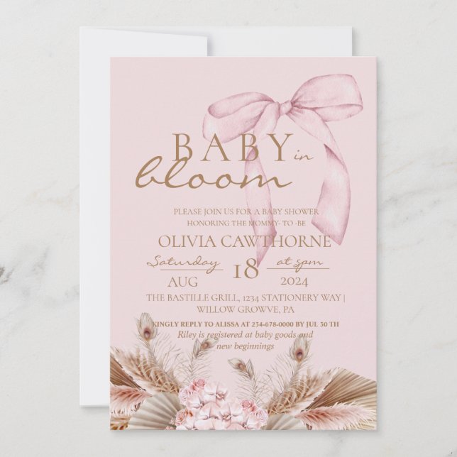 Invitation Blush Pink Boho Baby in bloom Baby Shower  (Devant)