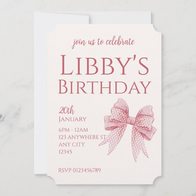 Invitation Blush Pink Bow Birthday  (Devant)