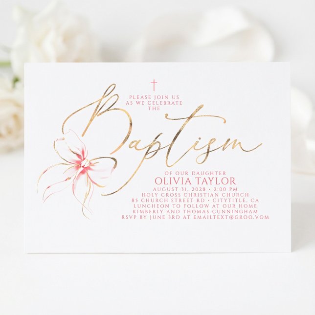 Invitation Blush Pink Bow Elegant Minimalist Girl Baptism (Pink Bow Girl Baptism Invitation)