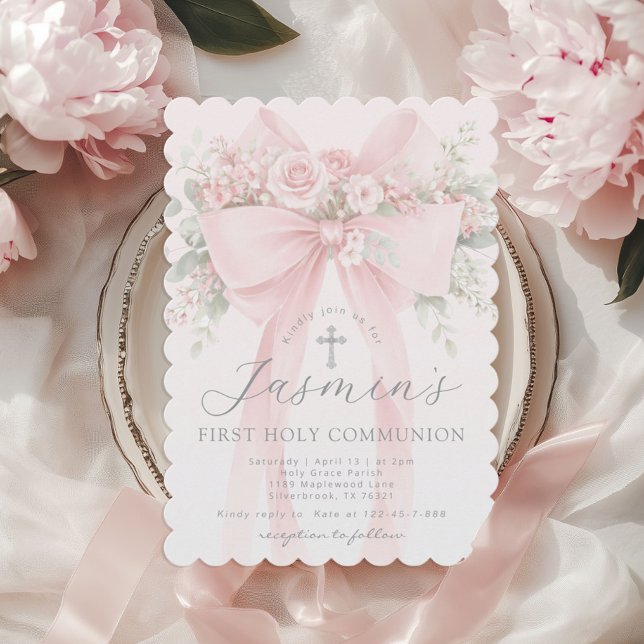 Invitation Blush Pink Bow Floral First Holy Communion (Créateur téléchargé)