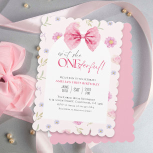 Invitation Blush Pink Bow floral Onederful girl 1er anniversa