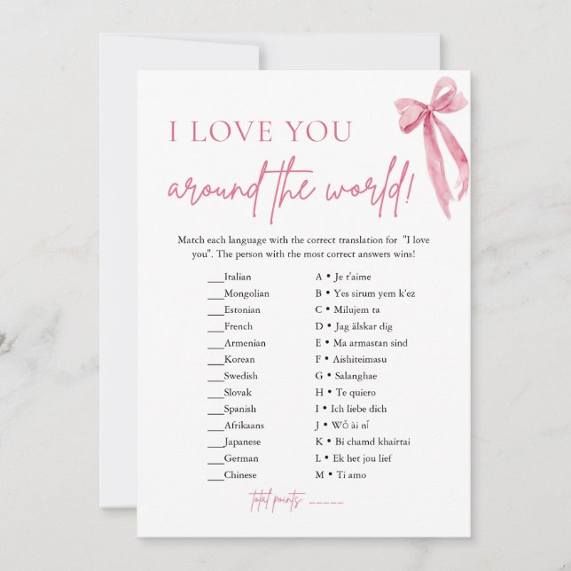 Invitation Blush Pink Bow I Love You Around World Jeu (Devant)