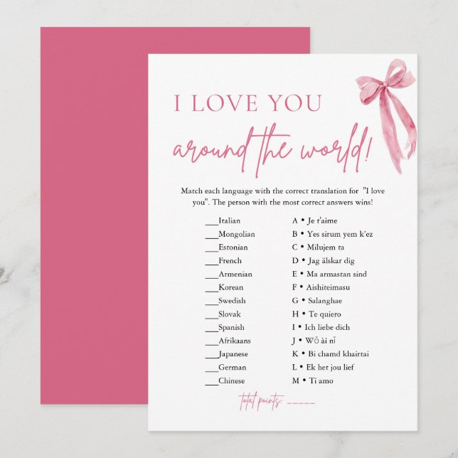 Invitation Blush Pink Bow I Love You Around World Jeu (Devant / Derrière)