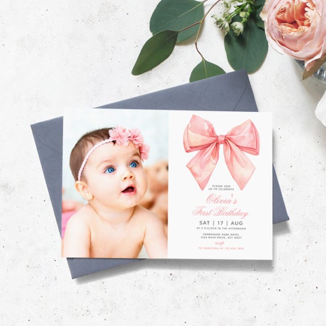 Invitation Blush Pink Bow Photo Premier anniversaire Invitati (Créateur téléchargé)