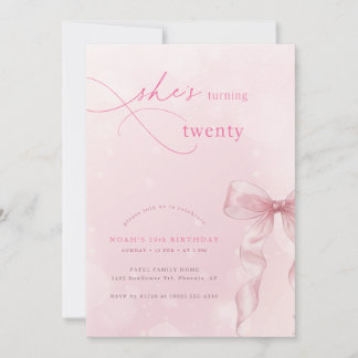 Invitation Blush Pink Bow Ribbon Girls 20th Birthday Party