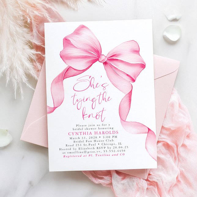 Invitation Blush Pink Bow She's Tying the Knot Bridal Shower (Pink Bow Whimsical Playful Bridal Shower Invitation)