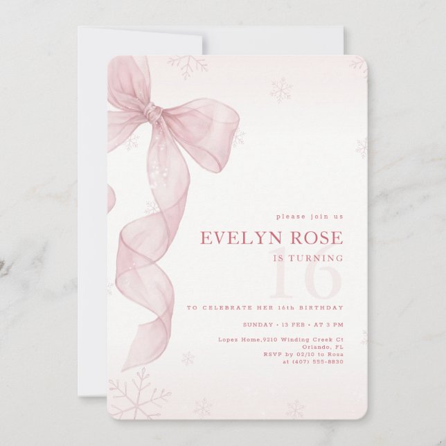 Invitation Blush Pink Bow Winter Snowflake 16th Birthday (Devant)