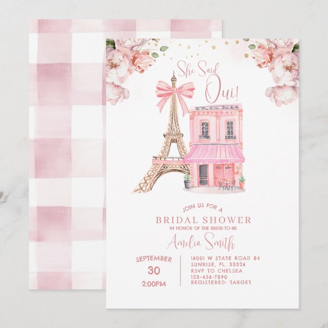 Invitation Blush Pink Café Paris Bow Eiffel Fête des mariées (Devant / Derrière)