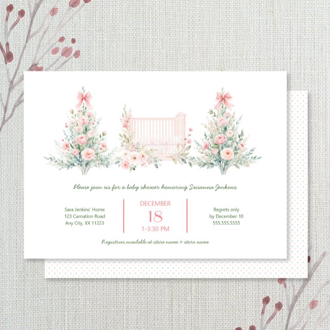 Invitation Blush Pink Christmas Trees with crib Baby Shower (Créateur téléchargé)