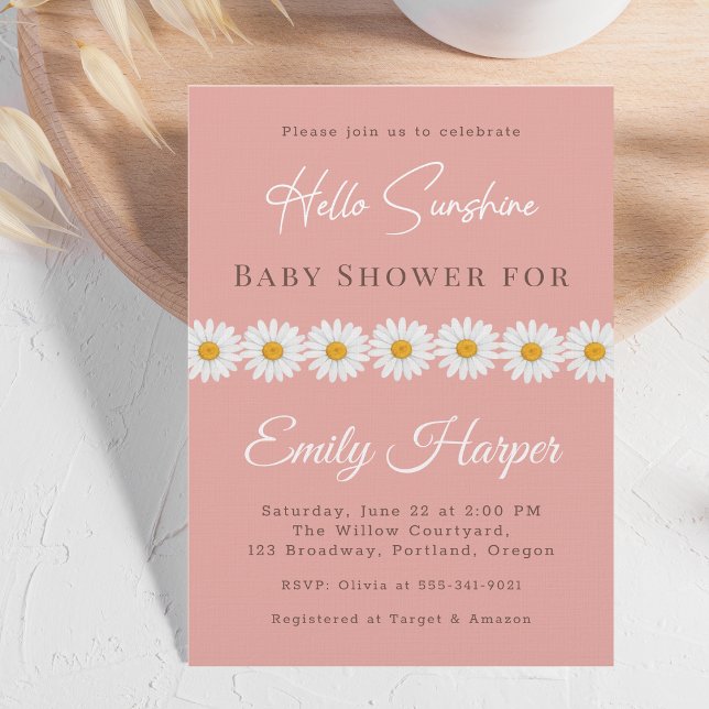Invitation Blush Pink Daisy Hello Sunshine Floral Baby Shower (Créateur téléchargé)
