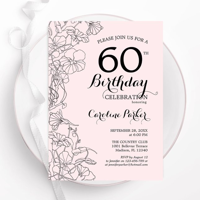 Invitation Blush Pink Floral 60e fête anniversaire (Créateur téléchargé)