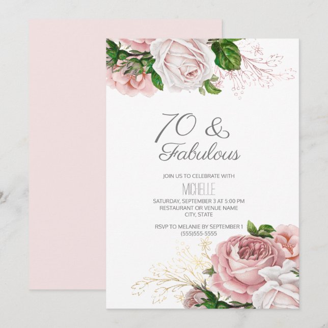 Invitation Blush Pink Floral 70 et Fabulous Birthday (Devant / Derrière)