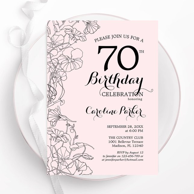 Invitation Blush Pink Floral 70e fête d'anniversaire (Créateur téléchargé)