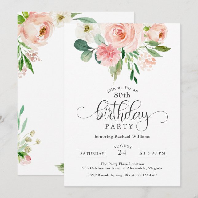 Invitation Blush Pink Floral 80e fête d'anniversaire (Devant / Derrière)