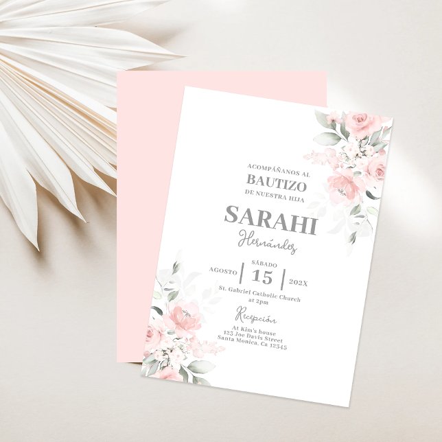 Invitation Blush Pink Floral Baptême fille Espagnol invitatio (Créateur téléchargé)