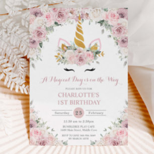 Invitation Blush Pink Floral Cute Unicorn 1er Anniversaire