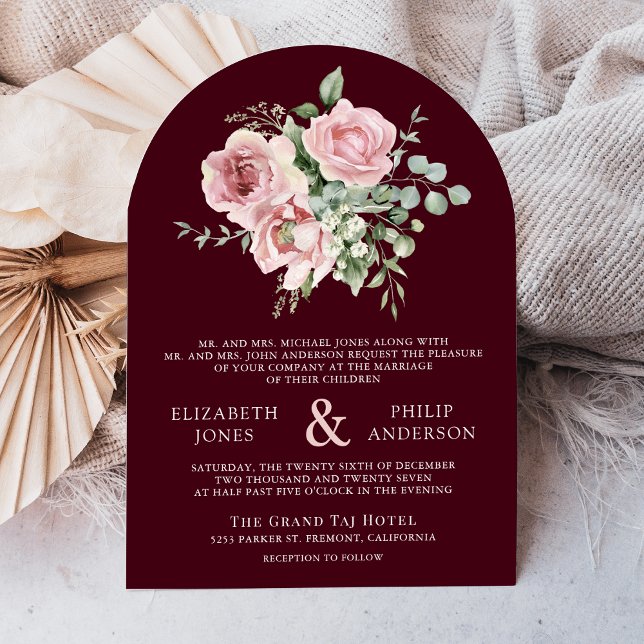 Invitation Blush Pink Floral Eucalyptus Burgundy Wedding (Créateur téléchargé)