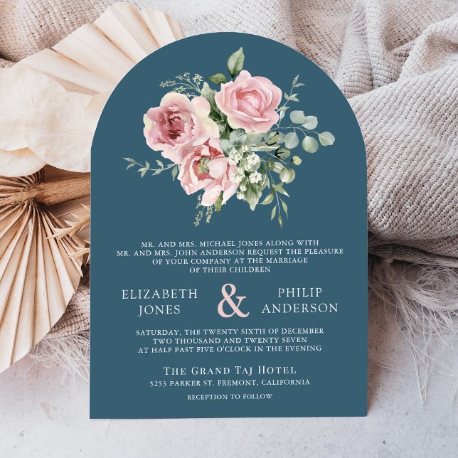 Invitation Blush Pink Floral Eucalyptus Dusty Blue Wedding (Créateur téléchargé)