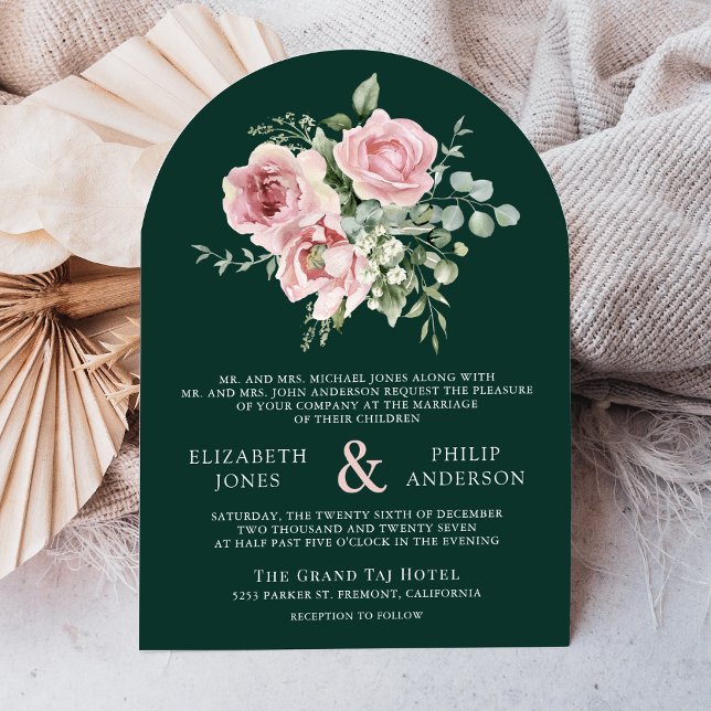 Invitation Blush Pink Floral Eucalyptus Emerald Green Wedding (Créateur téléchargé)