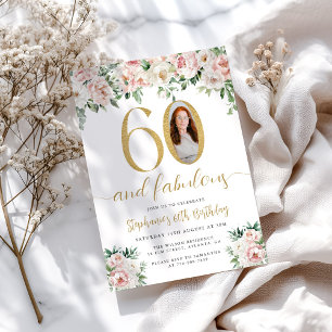Invitation Blush Pink Floral Photo 60e Anniversaire Invitatio