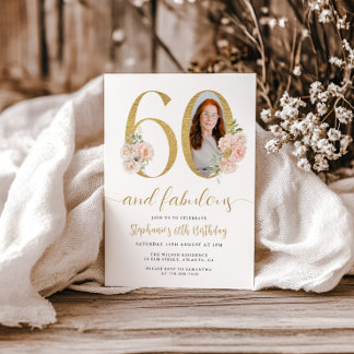 Invitation Blush Pink Floral Photo 60e Anniversaire Invitatio
