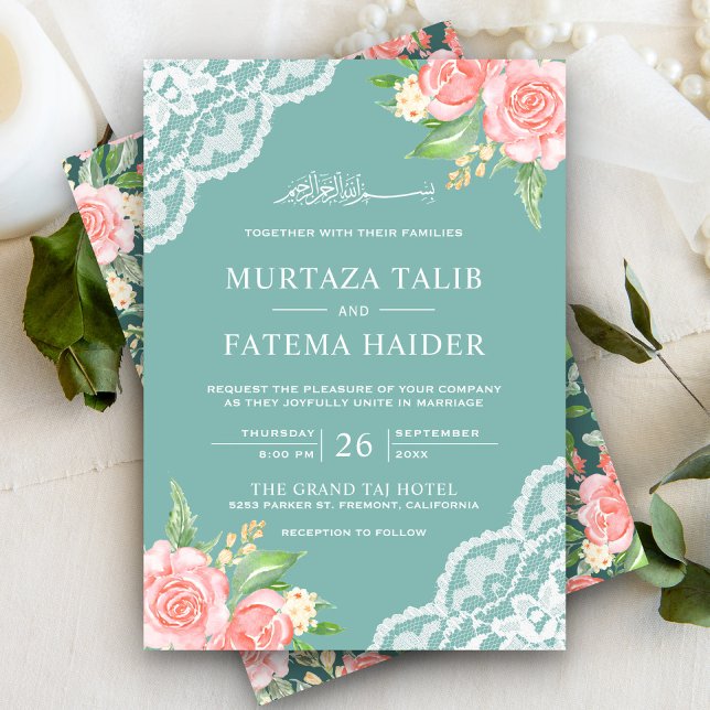 Invitation Blush pink Floral Soft Pastel Teal Muslim Wedding (Créateur téléchargé)