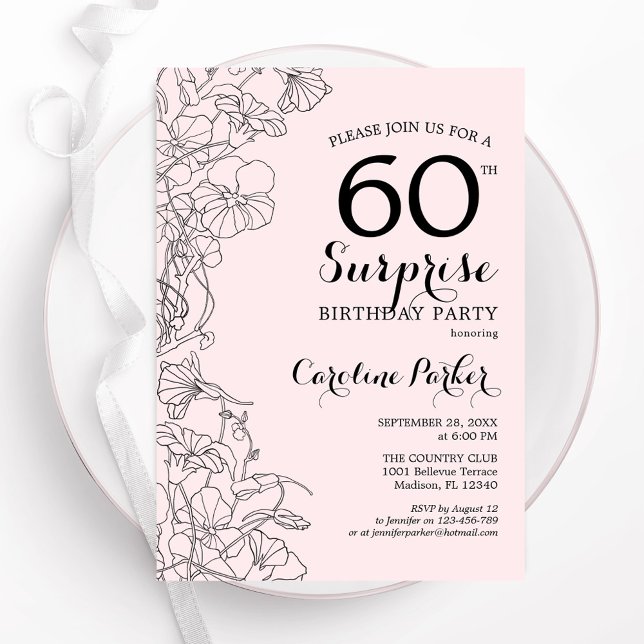 Invitation Blush Pink Floral Surprise 60e fête d'anniversaire (Créateur téléchargé)