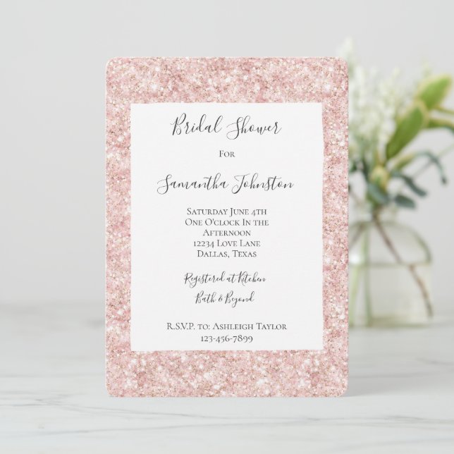 Invitation Blush Pink Glitzy Glitter Sparkle Bridal Shower (Debout devant)