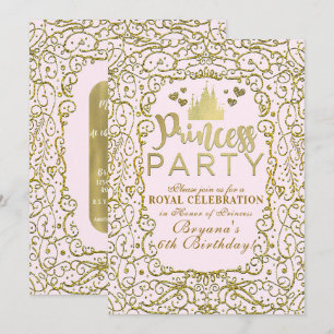 Invitation Blush Pink & Gold Castle PRINCESS PARTY Anniversai