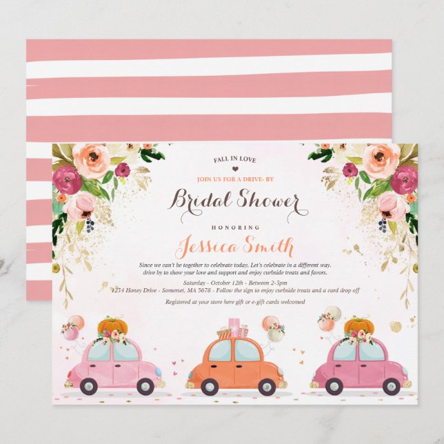 Invitation Blush Pink & Gold Citrouille Drive By Fête de l'ma (Devant / Derrière)