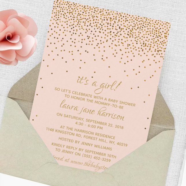 Invitation Blush Pink & Gold Confetti Baby shower fille (Créateur téléchargé)