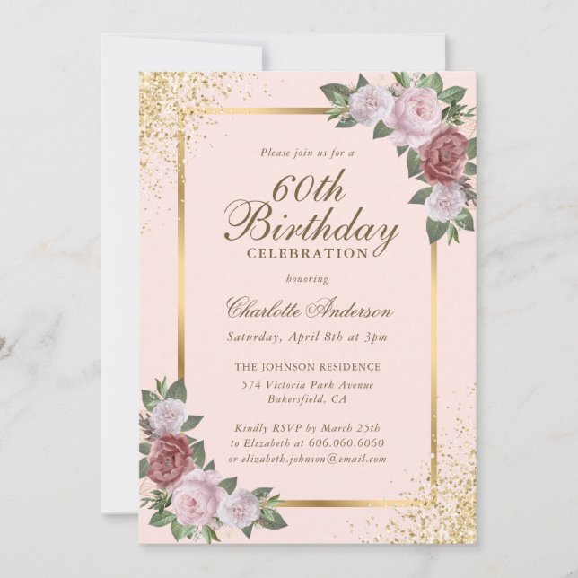 Invitation Blush Pink Gold Confetti Floral 60e anniversaire (Devant)