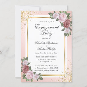 Invitation Blush Pink Gold Confetti Floral Engagement Party