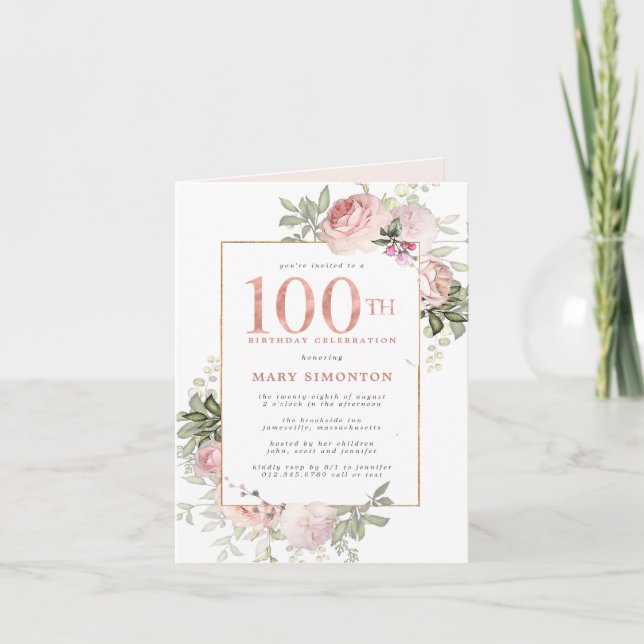 Invitation Blush Pink Gold Floral 100e fête d'anniversaire (Devant)