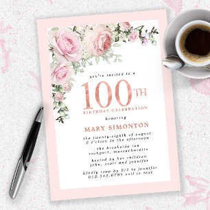 Invitation Blush Pink Gold Floral 100e fête d'anniversaire