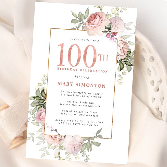 Invitation Blush Pink Gold Floral 100e fête d'anniversaire (Créateur téléchargé)