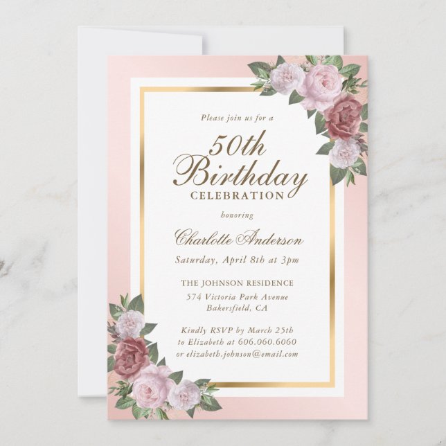 Invitation Blush Pink Gold Floral 50e anniversaire (Devant)