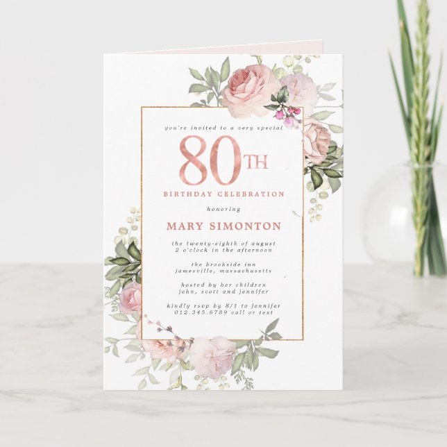 Invitation Blush Pink Gold Floral 80e fête d'anniversaire (Devant)