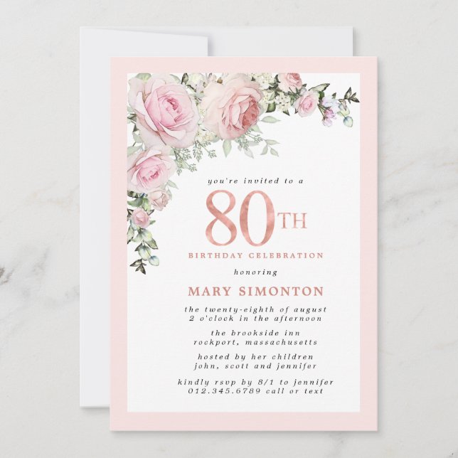 Invitation Blush Pink Gold Floral 80e fête d'anniversaire (Devant)