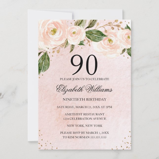 Invitation Blush Pink Gold Floral 90e anniversaire (Devant)