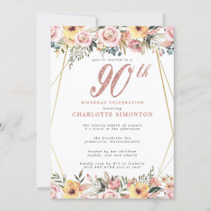 Invitation Blush Pink Gold Floral 90e fête d'anniversaire