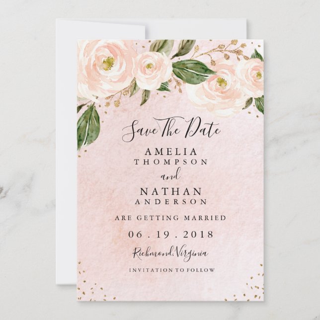 Invitation Blush Pink Gold Floral Wedding Enregistrer La Date (Devant)