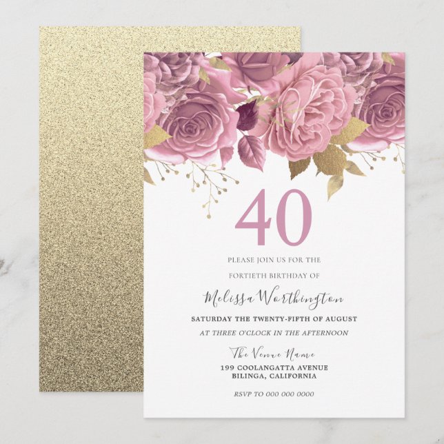 Invitation Blush Pink Gold Flowers 40e fête d'anniversaire (Devant / Derrière)