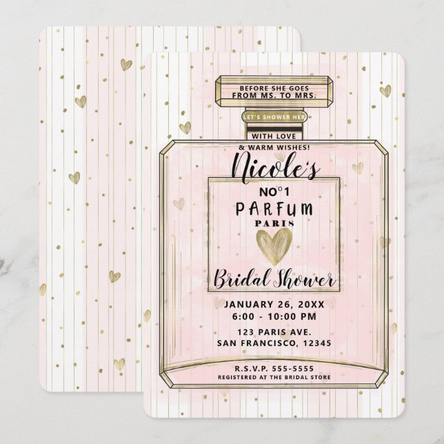 Invitation Blush Pink & Gold Paris Parfum Fête des mariées (Devant / Derrière)