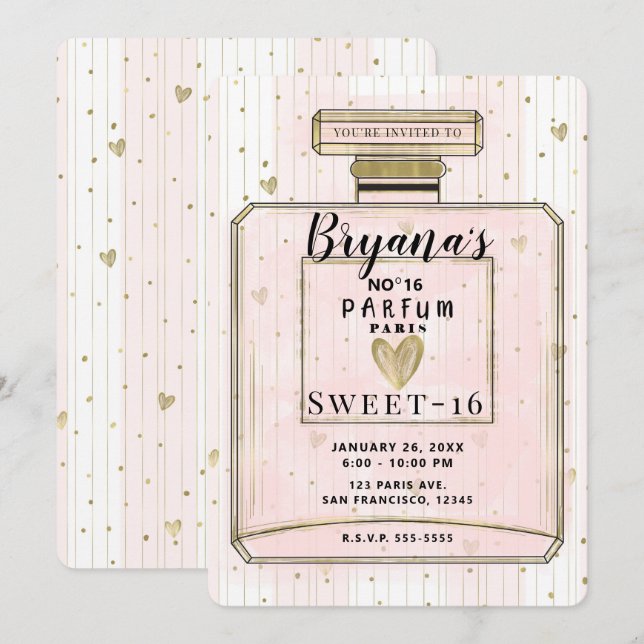Invitation Blush Pink & Gold Paris Parfum Sweet 16 Anniversai (Devant / Derrière)