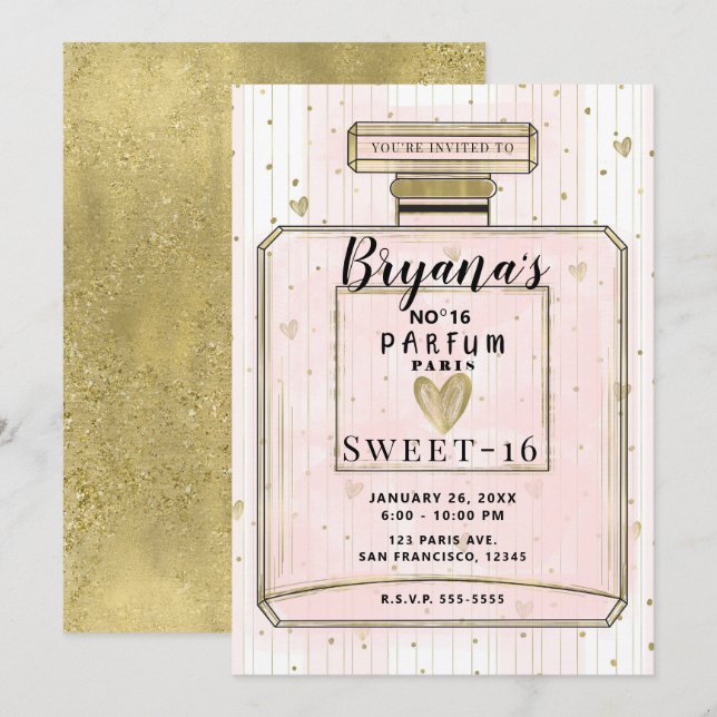 Invitation Blush Pink & Gold Paris Parfum Sweet 16 Anniversai (Devant / Derrière)