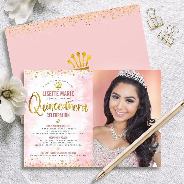 Invitation Blush Pink Gold Parties scintillant Photo Quinceañ (Créateur téléchargé)