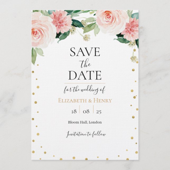Invitation Blush pink gold peony floral wedding save the date (Devant)