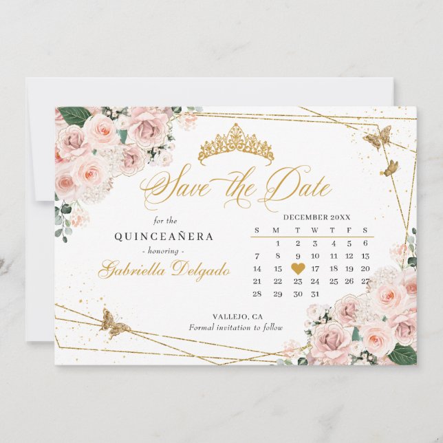 Invitation Blush Pink & Gold Quinceañera Enregistrer La Date (Devant)