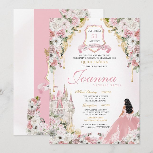 Invitation Blush Pink Gold Royal Princess Castle Quinceanera (Devant / Derrière)